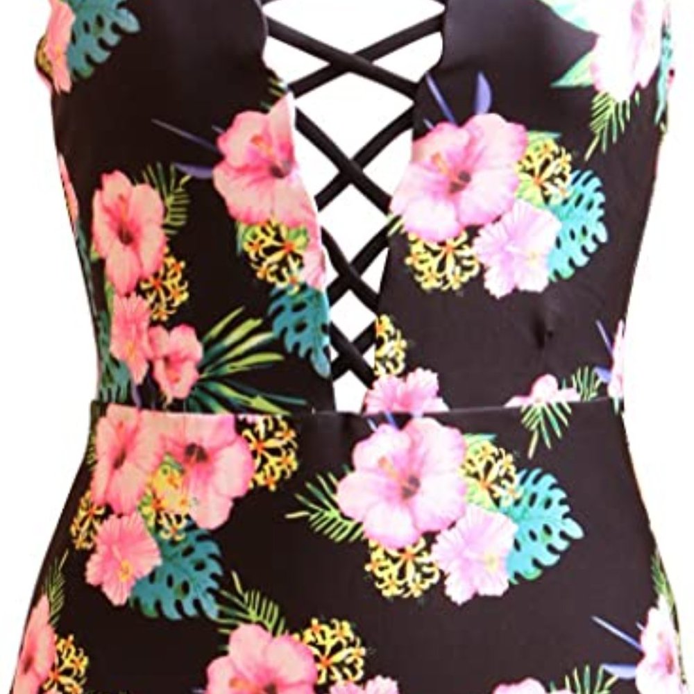 One Pieces Solid Floral Lace Up Swimwear